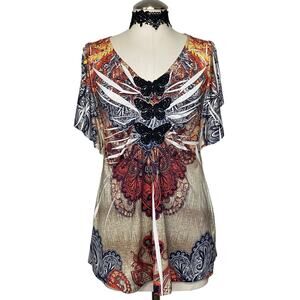 VTG Y2K One World Mallgoth Butterfly Mandala Blouse